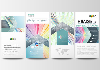 Flyers set, modern banners. Business templates. Cover template, easy editable flat style layouts, vector illustration. Colorful background, abstract waves, lines. Bright color curves. Motion design.