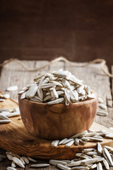 Exotic white sunflower seeds, selective focus