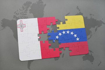 puzzle with the national flag of malta and venezuela on a world map