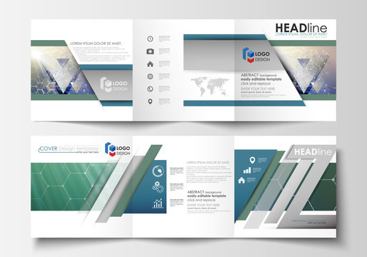 Set of business templates for tri fold brochures. Square design. Leaflet cover, abstract vector layout. Chemistry pattern, hexagonal molecule structure. Medicine, science, technology concept.