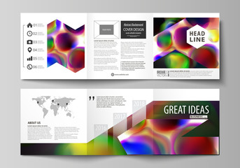 Obraz na płótnie Canvas Set of business templates for tri fold brochures. Square design. Leaflet cover, flat layout, easy editable vector. Colorful background with abstract shapes, bright cell backdrop.