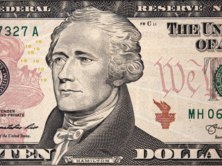 Alexander Hamilton face portrait on us ten dollar bill isolated, 10 usd, United States of America...
