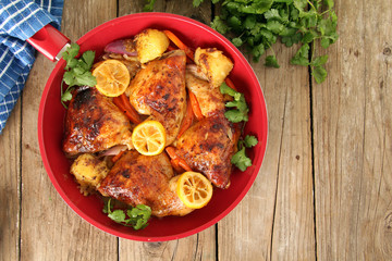 Roasted organic free range Chicken dinner with vegetables. 