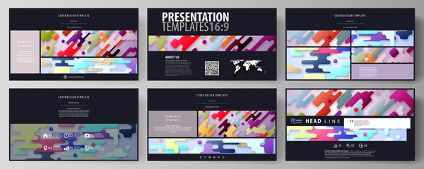 Business templates in HD format for presentation slides. Abstract vector design layouts. Bright color lines and dots, colorful minimalist backdrop, geometric shapes, beautiful minimalistic background.