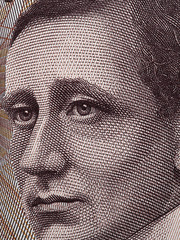 Guglielmo Marconi (1874-1937) face portrait on Italy 2000 lira banknote (1990) extreme macro, Italian money closeup. Inventor of radio.