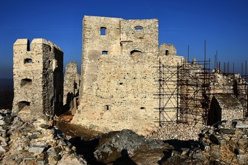 Reconstruction of castle Hrusov ruins, central Slovakia - view from southern side