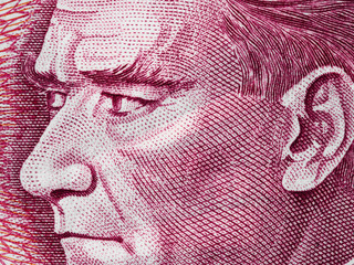 Kemal Ataturk (1881 - 1938) face on Turkish banknote extreme macro, first President of Turkey, money closeup