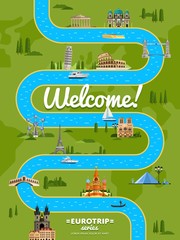 Welcome to Europe poster with famous attractions along winding river vector illustration. Travel design with Eiffel Tower, Leaning Tower, Kremlin, Coliseum. Worldwide traveling, time to travel concept
