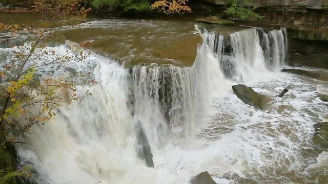 Looping video features water plunging over The Great Falls of Tinkers Creek, a waterfall in northeastern Ohio, USA.