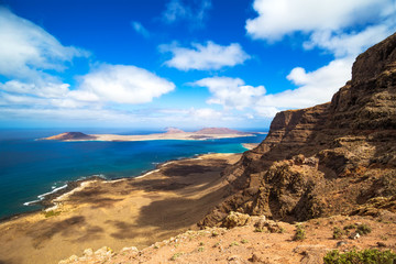 Panorama of the island of La Graciosa, northern of lanzarote, seen from Mirador de Guinate. Canary...