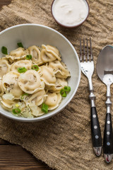 Meat dumplings - russian pelmeni, ravioli with meat on a white plate