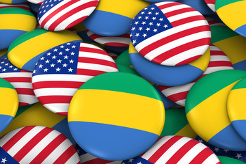 USA and Gabon Badges Background - Pile of American and Gabonese Flag Buttons 3D Illustration