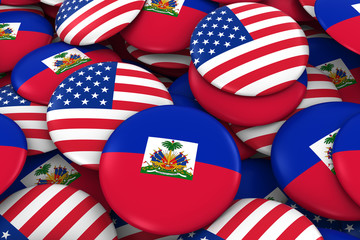 USA and Haiti Badges Background - Pile of American and Haitian Flag Buttons 3D Illustration