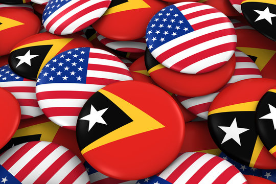 USA and East Timor Badges Background - Pile of American and Timorese Flag Buttons 3D Illustration