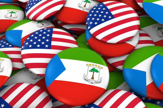 USA and Equatorial Guinea Badges Background - Pile of American and Equatorial Guinean Flag Buttons 3D Illustration
