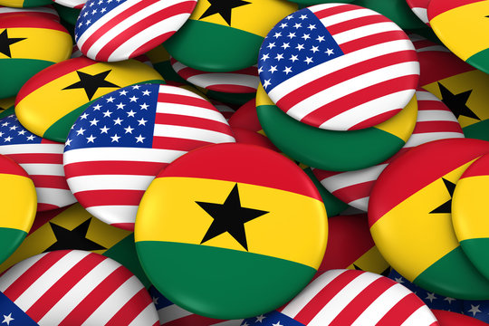 USA and Ghana Badges Background - Pile of American and Ghanaian Flag Buttons 3D Illustration