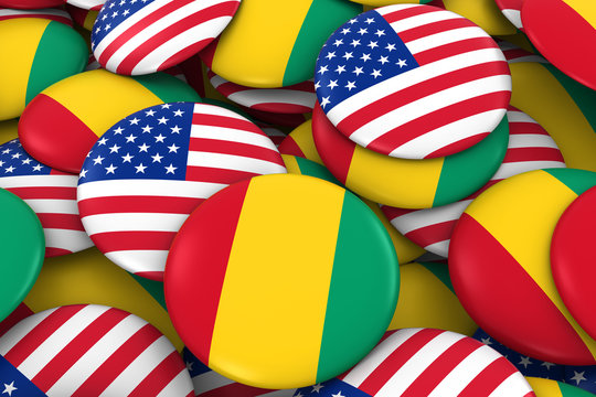 USA and Guinea Badges Background - Pile of American and Guinean Flag Buttons 3D Illustration