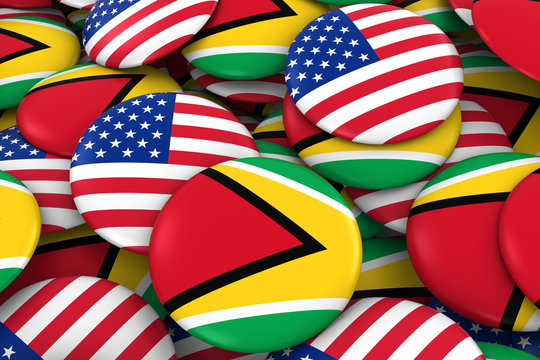 USA and Guyana Badges Background - Pile of American and Guyanese Flag Buttons 3D Illustration