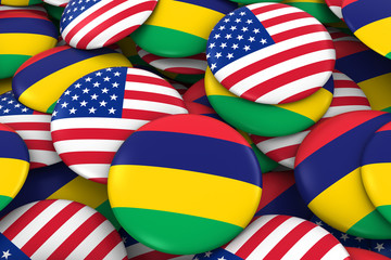 USA and Mauritius Badges Background - Pile of American and Mauritian Flag Buttons 3D Illustration