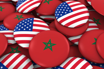 USA and Morocco Badges Background - Pile of American and Moroccan Flag Buttons 3D Illustration