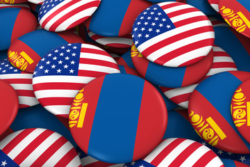 USA and Mongolia Badges Background - Pile of American and Mongolian Flag Buttons 3D Illustration
