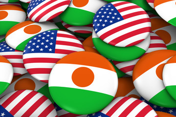 USA and Niger Badges Background - Pile of American and Nigerien Flag Buttons 3D Illustration
