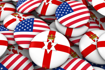 USA and Northern Ireland Badges Background - Pile of American and Northern Irish Ulster Flag Buttons 3D Illustration