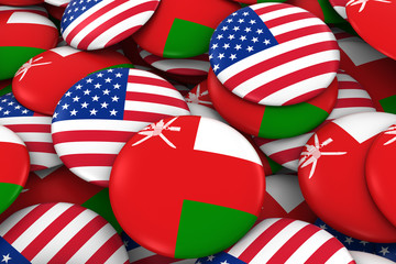 USA and Oman Badges Background - Pile of American and Omani Flag Buttons 3D Illustration
