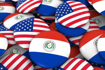 USA and Paraguay Badges Background - Pile of American and Paraguayan Flag Buttons 3D Illustration