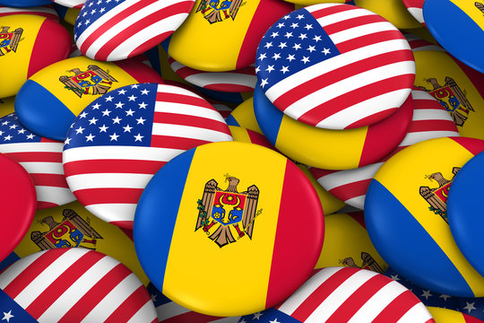 USA and Moldova Badges Background - Pile of American and Moldovan Flag Buttons 3D Illustration