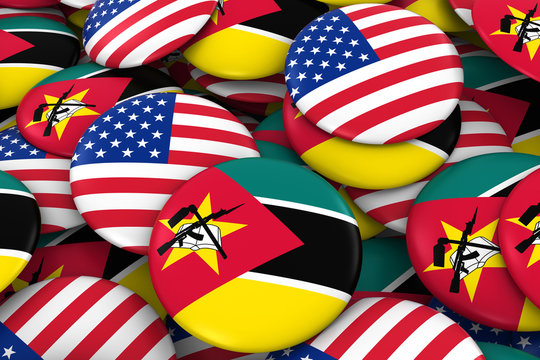 USA and Mozambique Badges Background - Pile of American and Mozambican Flag Buttons 3D Illustration