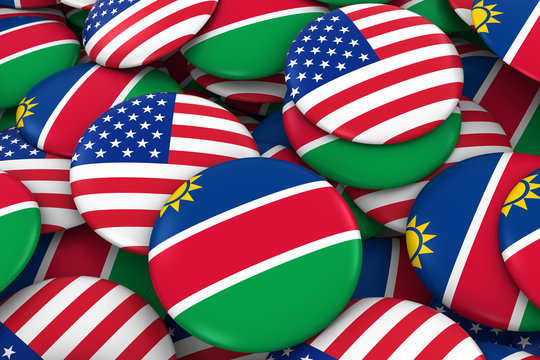 USA and Namibia Badges Background - Pile of American and Namibian Flag Buttons 3D Illustration