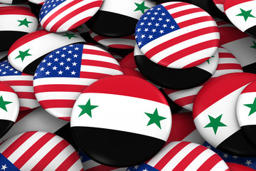 USA and Syria Badges Background - Pile of American and Syrian Flag Buttons 3D Illustration