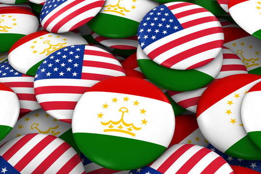 USA and Tajikistan Badges Background - Pile of American and Tajikistani Flag Buttons 3D Illustration
