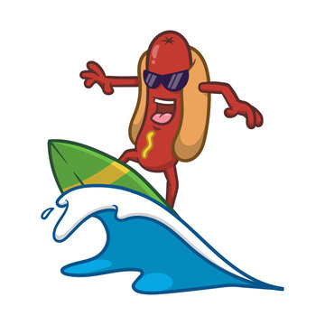 Cartoon Cool Surfing Hotdog Character Vector llustration
