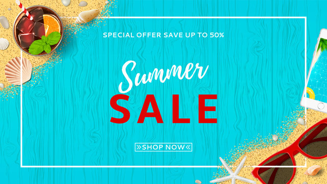 Summer sale beautiful web banner. Top view on seashells, sun glasses, fresh cocktail, smartphone and sea sand on wooden texture. Vector illustration with spesial discount offer.