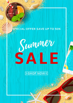 Beautiful flyer for summer sale . Top view on seashells, sun glasses, fresh cocktail, smartphone and sea sand on wooden texture. Vector illustration with spesial discount offer.