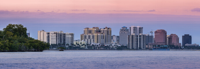 West Palm Beach Florida skyline at sunset