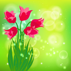 Vector card with red tulips on light green bokeh