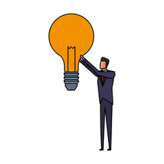 businessman holding a bulb light icon over white background. colorful design. vector illustration