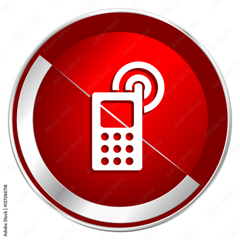 Aufkleber phone red web icon. metal shine silver chrome border round button isolated on white background. circ
