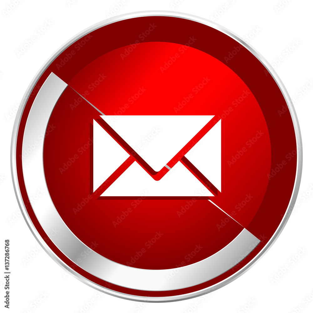 Poster email red web icon. metal shine silver chrome border round button isolated on white background. circ