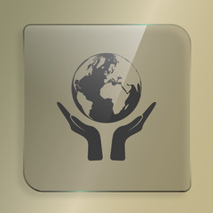 Flat paper cut style icon of two hands holding Earth
