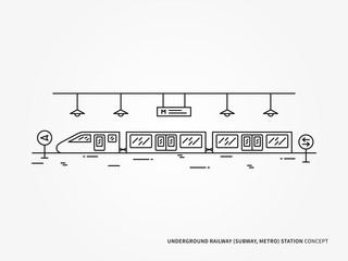 Subway (underground railway) station line vector illustration. Monorail (underground railway) station (train, railroad, platform) creative linear concept.