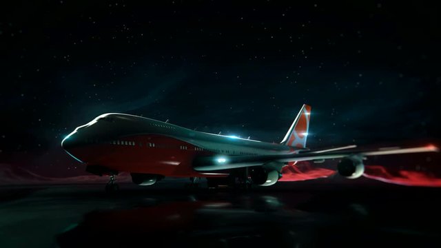 airliner on the runway in the mountains. Night sky. Transition wireframe hologram to photorealistic render.
