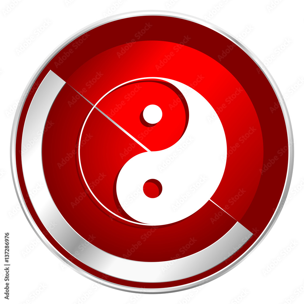 Poster ying yang red web icon. metal shine silver chrome border round button isolated on white background. 