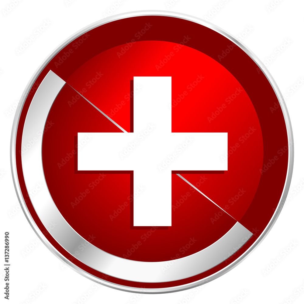 Poster Plus red web icon. Metal shine silver chrome border round button isolated on white background. Circle modern design abstract sign for smartphone applications.