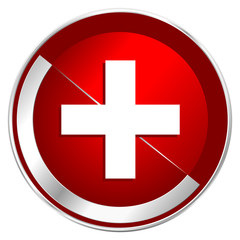 Obraz premium Plus red web icon. Metal shine silver chrome border round button isolated on white background. Circle modern design abstract sign for smartphone applications.