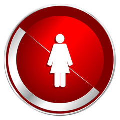 Female red web icon. Metal shine silver chrome border round button isolated on white background. Circle modern design abstract sign for smartphone applications.