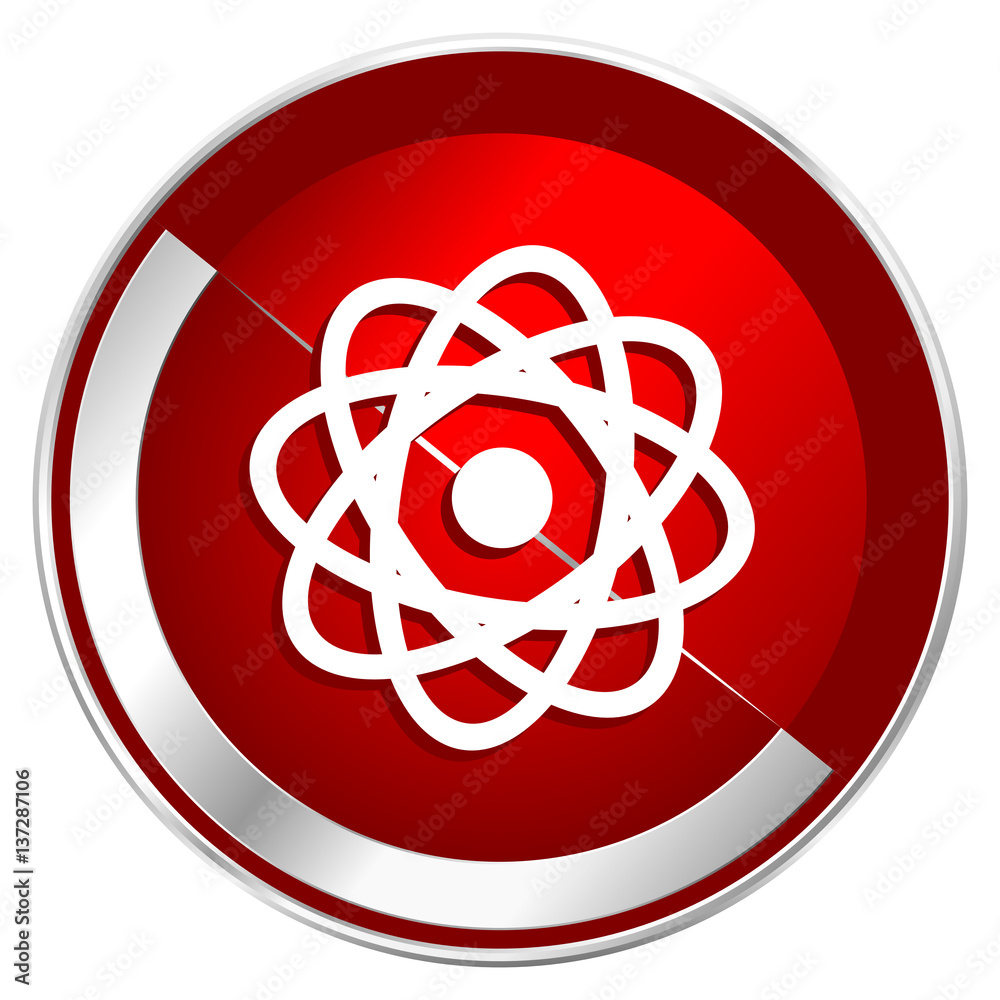 Poster atom red web icon. metal shine silver chrome border round button isolated on white background. circl
